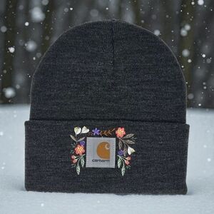 Charcoal Beanie with Embroidered Beautiful Flowers Unique Women's Hat